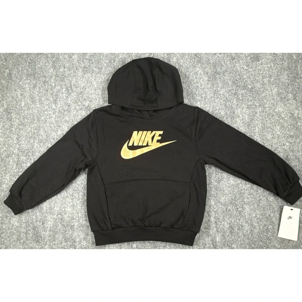 Nike Kids Size 6-7Yrs Large Black Metallic Gold Futura Logo Pullover Hoodie NWT